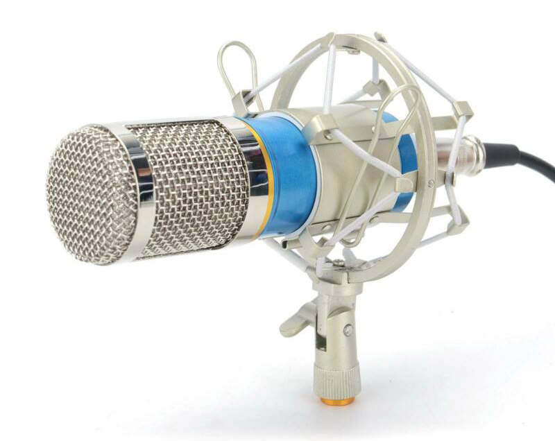 A microphone tilted slightly to the left shows the microphone body, stand and wire.